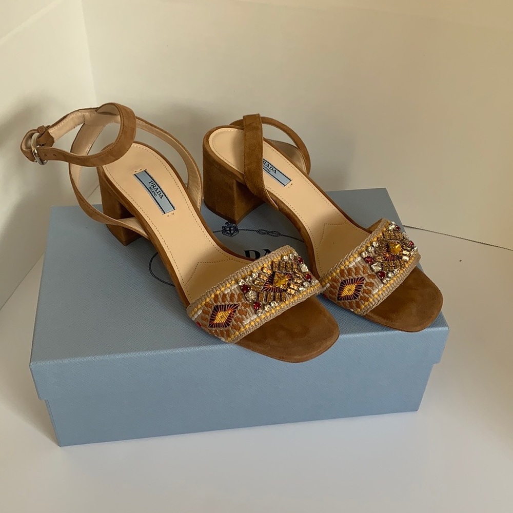 💯 authentic Prada cognac suede jeweled sandals.